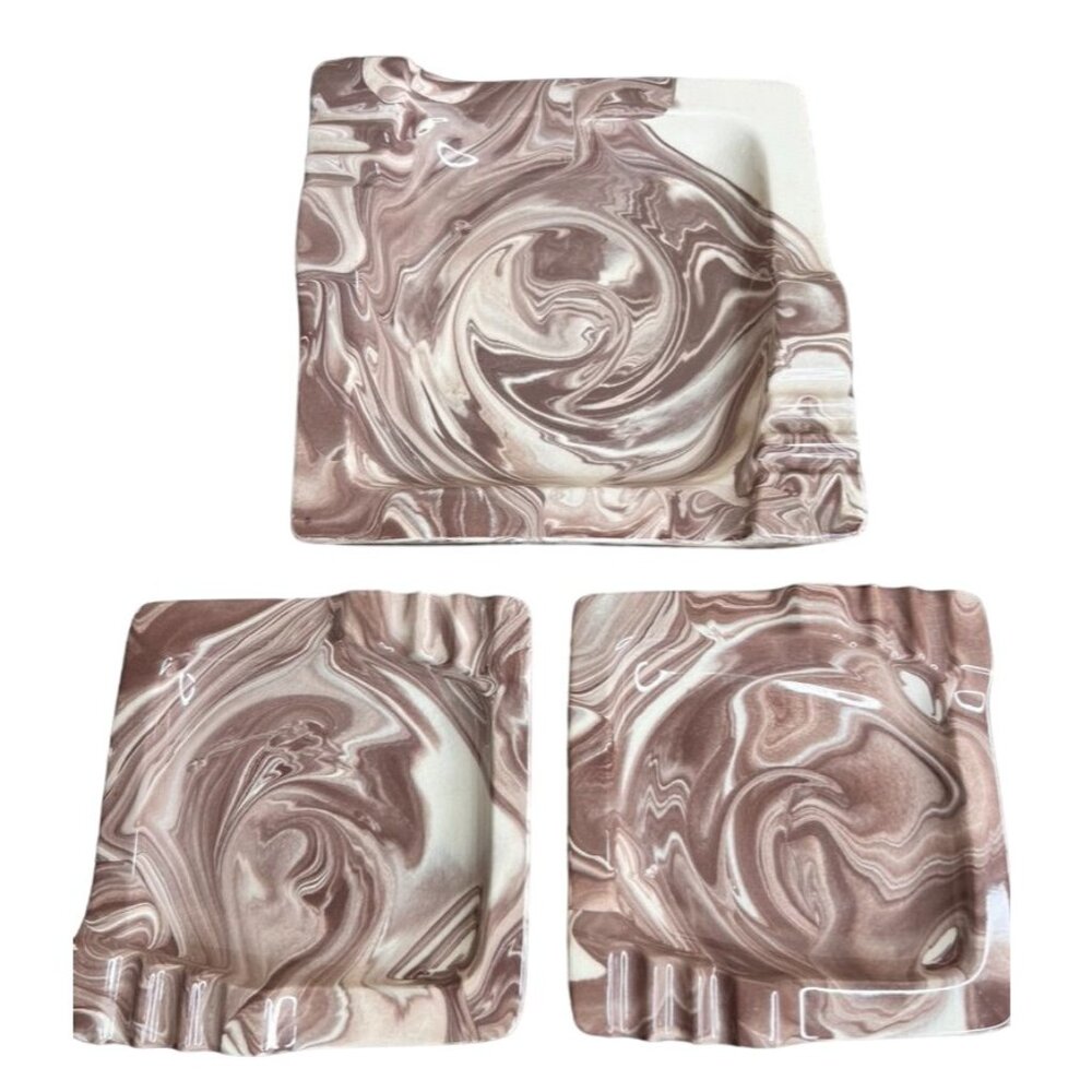Vintage Mocha Swirl Ceramic Ashtray Set - Brown & Cream - Crazing - 1960s Style